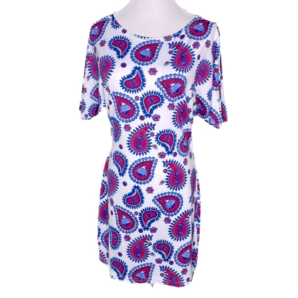 Tracy Negoshian White Pink Paisley Print Short Doleman Sleeve Sheath Dress